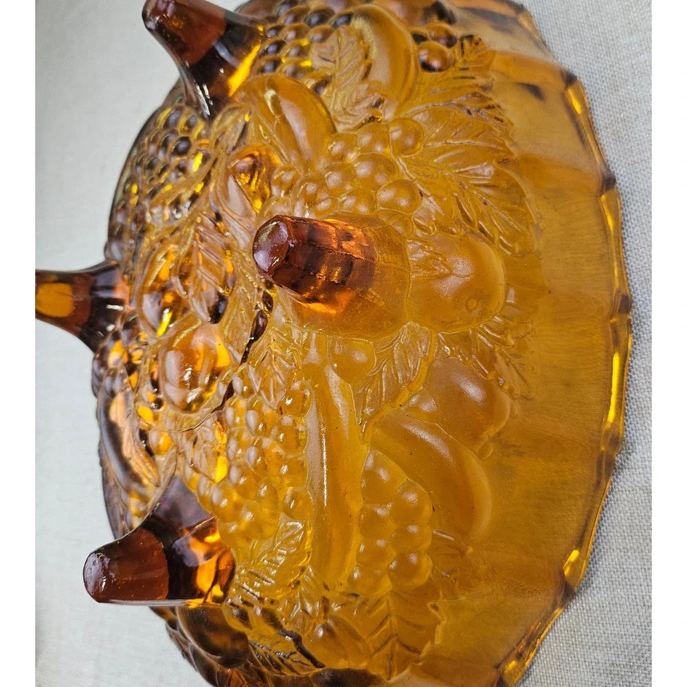 Vintage Amber Indian Glass Fruit Bowl Footed Oval Scalloped Rim Embossed Fruit